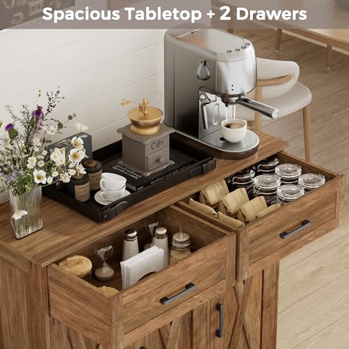Homhedy Coffee Bar Storage Cabinet with Drawers, Kitchen Buffet Cabinet | Sideboard Cabinet with Doors, Farmhouse Buffet Cabinet, Adjustable Shelves, for Kitchen / Dining / Living Room, Rustic Walnut - color: Rustic Walnut