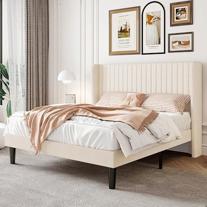 SHA CERLIN Queen Size Velvet Bed Frame, Tufted Wingback Headboard, Cream | 47'' Modern Vertical Channel Headboard, Upholstered Platform Bed, Wood Slats, No Box Spring Needed, Easy Assembly, Noise Free - color: Cream White, size: Queen