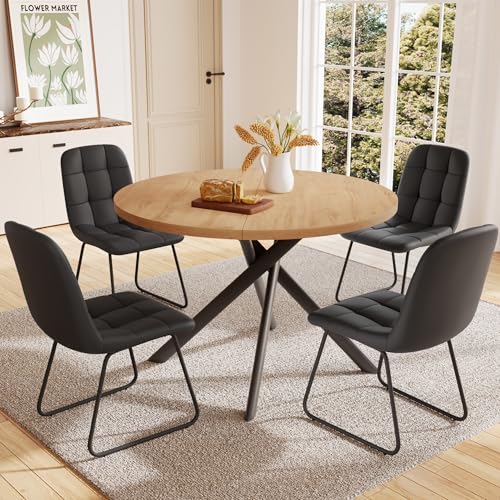 HIPIHOM 45.3 Inch Round Dining Table Set for 4, Mid Century Modern Small Kitchen Coffee Set for Dining Room Kitchen Apartment (Oak Table + 4 U-Shaped Black Chairs) - color: Oak Table+4 U-shaped Black Chairs