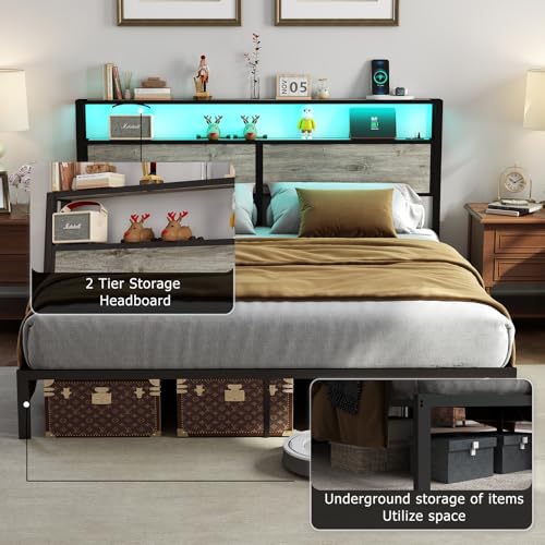 RVONOW King Size Bed Frame with 2-Tier Storage Headboard, Rustic Grey | Wooden headboard with LED lights, built-in charging station, No Box Spring Needed, Noise Free, Easy Assembly, Modern Bedroom - color: Rustic Grey, size: King
