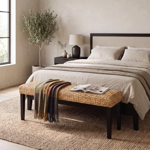 Solid Wood Acacia Indoor Bench, Water Hyacinth Seat, Black Leg, Plait Style | Natural Woven Seat, Boho Entryway, Farmhouse Modern Style, Multi-Room Use - color: Plait - Black Leg & Water Hyacinth