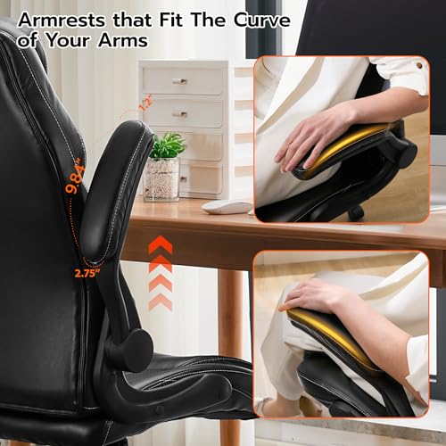 Ylzyxal Office Desk Chair, Ergonomic Computer Chair with Padded Flip-Up Arms and Adjustable Lumbar Support, PU Leather Executive Chair with Tilt Lock and 360° Swivel Rolling Wheels for Work, Study - color: Black