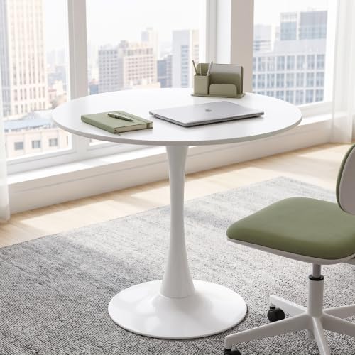 Small Round Dining Table 32" Tulip Table with Metal Pedestal, White | Tulip Table with Metal Pedestal & Thick MDF Top, Mid Century Small Bistro Table for Kitchen & Living Room - color: White-b, size: 31.5"D x 31.5"W x 29.1"H