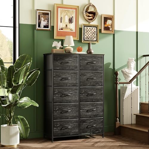 WLIVE Tall Dresser for Bedroom with 10 Fabric Drawers, Black | 10 Drawers, Fabric Dresser for Closet, Storage Tower with Cabinet, Metal Frame - color: Charcoal Black Wood Grain Print