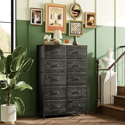 WLIVE Tall Dresser for Bedroom with 10 Fabric Drawers, Black | 10 Drawers, Fabric Dresser for Closet, Storage Tower with Cabinet, Metal Frame - color: Charcoal Black Wood Grain Print