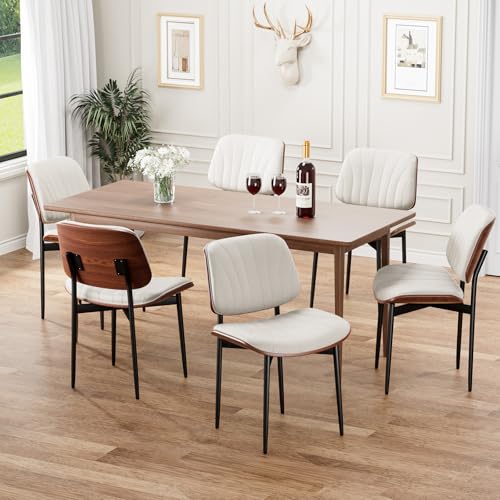 Dining Chairs Set of 2, Mid-Century Modern Upholstered PU Leather Chairs | with Walnut Bentwood Back and Metal Legs Adjustable Feet for Kitchen Dining Room, Off-White Shell Strips - color: Off-white Shell Strips
