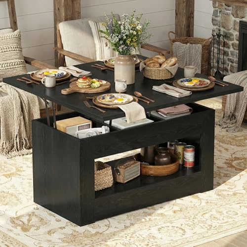 UNIQUITE 40" Lift Top Coffee Table, 4 in 1 Multi-Function Lift Coffee Tables with Storage and Hidden Compartment, Convertible Wood Coffee Tables to Dining Table for Living Room, Black - color: Black