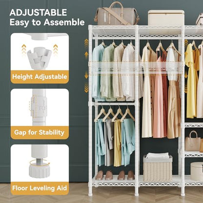 Higeego H5 Clothing Rack for Hanging Clothes, Heavy Duty Closet Rack, White | Large Garment Rack, 93.3"Wx15.7"Dx75.4"H, Freestanding Wardrobe Closet, with Adjustable Shelf, Load 1400 lbs - color: White