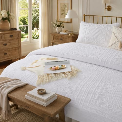 Brandream White Quilts Queen Size Cotton Quilted Comforter Set Cottage Matelasse Coverlet Set 3-Piece - color: White Garland, size: Queen