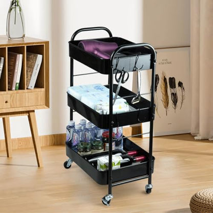 SUNLPH 3-Tier Rolling Utility Cart with Stopper Caster Wheels and 4 Hooks, Easy Assembly, for Kitchen, Bathroom, Living Room, Office (17.7”L x 12.2”W x 29.1”H, Black)