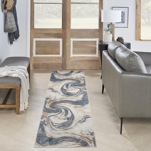 Nourison Home Astra Machine Washable Ivory Blue 2'2" x 8' Area Rug - Easy Clean, Non Shedding, Bed Room, Living Room, Dining Room, Kitchen (8' Runner) - color: Ivory Blue, size: 2'2" x 8' (Runner)