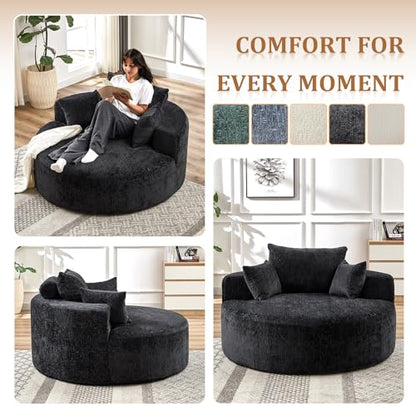 55" Oversized Round Chaise Longue Chair Indoor, Upholstered Chenille Circle Single Cloud Reading Sofa Chair Deep Seat Modern Boneless Sleeper Couch No Assembly Required, Black - color: Black, style: 55"Chenille