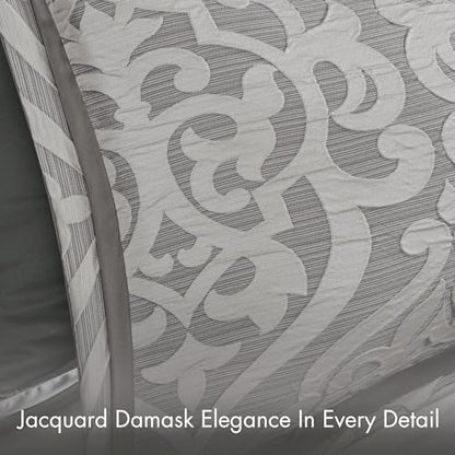 Madison Park Odette Cozy Comforter Set Jacquard Damask Medallion Design - Modern All Season, Down Alternative Bedding, Shams, Decorative Pillows, Queen(90 in x 90 in), Silver 8 Piece | All Season Down Alternative Bedding with Comforter, Shams, Bed Skirt,