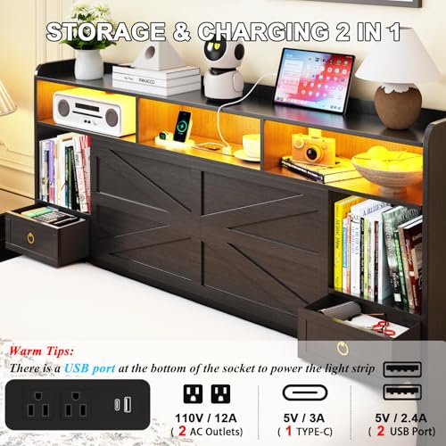 Full Bed Frame with Storage Headboard, Farmhouse Platform Bed Frame with Bookshelf, Drawers, LED Lights and Charging Station, Metal Slats Support, Noise Free, No Box Spring Needed, Black - size: Full