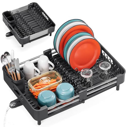 TOOLF Expandable Dish Drying Rack with Cutlery Holder, Standard, Black | Stainless Steel &PP, Extenable 12.6"-18.7"D, Anti-Rust, Auto-Drainage, Space-Saving, Fit for RV, Apartment Sink Countertop - color: Black