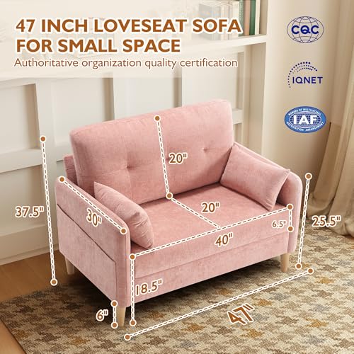 Urhanherry 47" Small Sofa Couch for Bedroom, Soft Chenille loveseat Mini Couch with Throw Pillow and Removable Cushion Cover for Small Spaces, Living Room, Apartment, Dorm, Office(Pink) - color: Pink