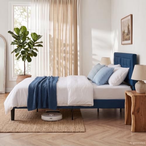 VECELO Queen Size Bed Frame, Adjustable Upholstered Button Tufted Headboard, Heavy-Duty Bedframe with Wood Slats Support, No Box Spring Needed, Aegean Blue - color: Aegean Blue, size: Queen, style: Bed Frame