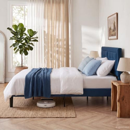 VECELO Queen Size Bed Frame, Adjustable Upholstered Button Tufted Headboard, Heavy-Duty Bedframe with Wood Slats Support, No Box Spring Needed, Aegean Blue - color: Aegean Blue, size: Queen, style: Bed Frame