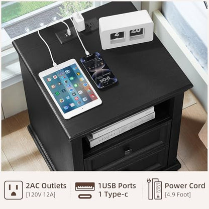Farmhouse Side Table with Charging Station, Black | Antique Nightstands for Bedroom with Drawers, Bedside Table with Open Shelf & Thickened Top & Square Wooden Legs - color: Black, size: 18"D x 18"W x 25"H (2 Drawers)