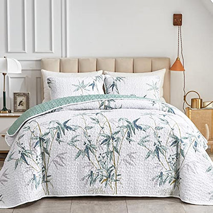 Flysheep Botanical Quilt Set 2 Pieces Twin Size, Green Leaves Printed on White Reversible Bedspread Coverlet Set, Soft Microfiber Lightweight Bed Cover for Kids (68" x 86", 1 Quilt+ 1 Pillow Sham) - color: Green Leaves, size: Twin-68" x 86" (1 Quilt + 1 P