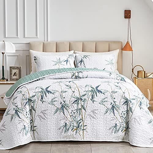 Flysheep Botanical Quilt Set 2 Pieces Twin Size, Green Leaves Printed on White Reversible Bedspread Coverlet Set, Soft Microfiber Lightweight Bed Cover for Kids (68" x 86", 1 Quilt+ 1 Pillow Sham) - color: Green Leaves, size: Twin-68" x 86" (1 Quilt + 1 P