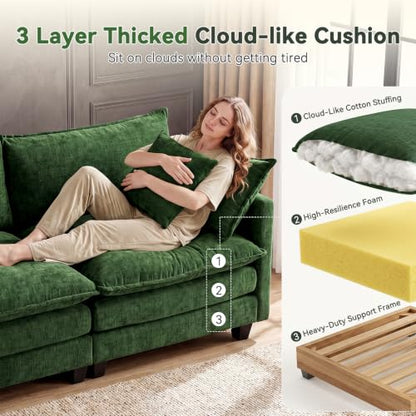 110" Modular Sectional Cloud Sofa Couch V Shape with 2 Ottoman, Green | 3 Layer Cushion, 6 Washable Pillows, 29" Deep Seat, Chenille Fabric, for Living Room Apartment - color: Green, size: 110"V-2