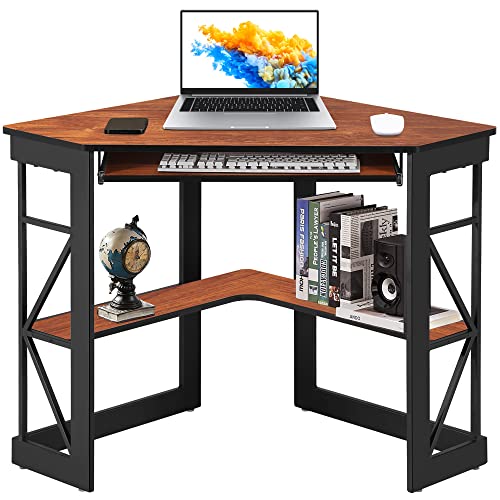 VECELO Corner Computer Desk 41 x 30 inches with Smooth Keyboard & Storage Shelves for Home Office Workstation, Teak - color: Teak