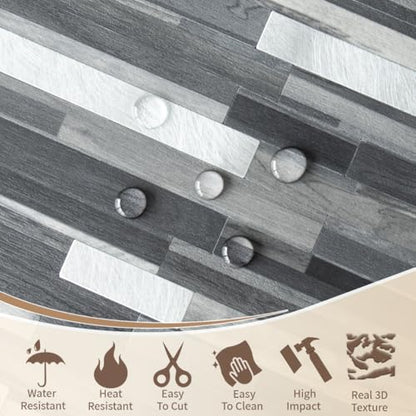 DICOFUN 10-Sheet Peel and Stick Backsplash Tile, Black & Grey Wood Look PVC Mixed Metal Stick on Backsplash Tiles for Kitchen, 9.4 sq.ft - color: Black Wood and Metal Silver, size: 10 Sheets, 12’’x12’’x0.12’’
