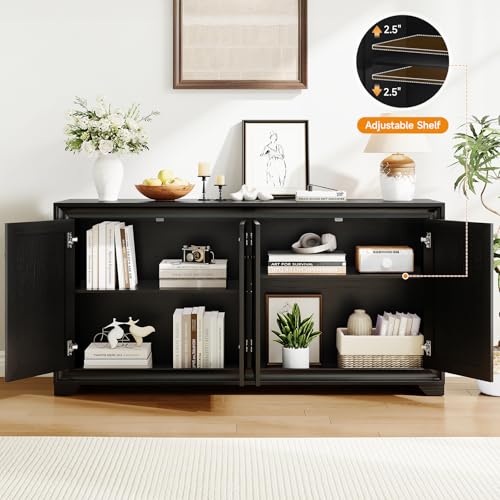60" Buffet Cabinet with Storage, 4 Doors & Adjustable Shelves Black | Credenza Sideboard Cabinets Wood with Adjustable Shelves, Modern Kitchen Coffee Bar Table for Dining Living Room, Entryway - color: Black