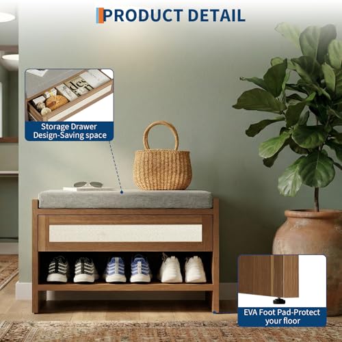Rattan Drawer Shoe Bench with Soft Cushioned Seat for Hallway | Entryway Storage Shoe Stool - color: Caramel Oak