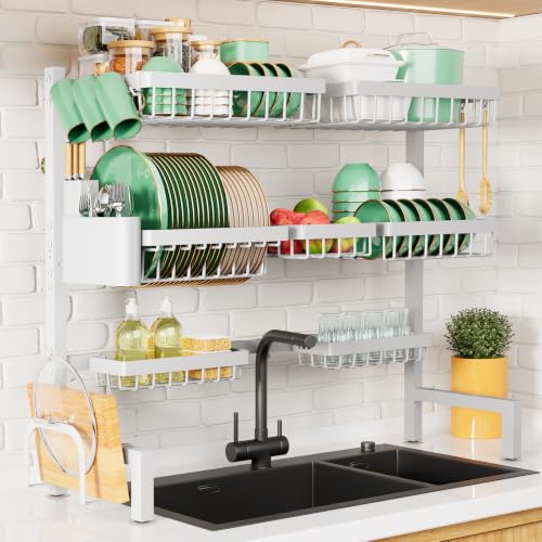 Kitsure Adjustable Over The Sink Dish Drying Rack, 31.5" -39.4" x 30.3" | Sink Drying Rack for Kitchen Sink, Dish Rack Over Sink with Cutlery & Utensil Holders, Kitchen Storage, White - color: White, size: X-Large