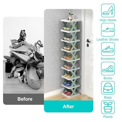 9Tier Narrow Entryway Shoe Rack Plastic Vertical Shoe Organizer Space Saving Free Standing Shoes Storage Shelf Closet Hallway - color: Orange