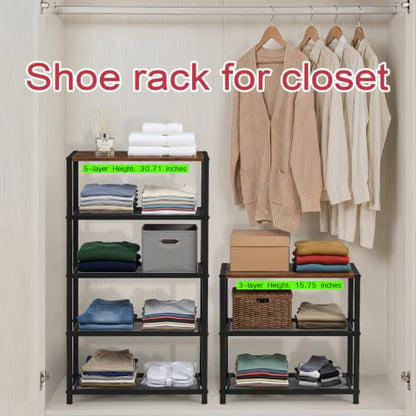 Tall Narrow Shoe Rack for Entryway Closet,5-Tier Shoe Storage Shelf | Small Vertical Shoe Organizer Wood, Sturdy Metal Mesh Shelves, Wooden Table Top, Holds 10 Pairs, for Front Door Entrance - size: 17"D x 10.24"W x 30.7"H