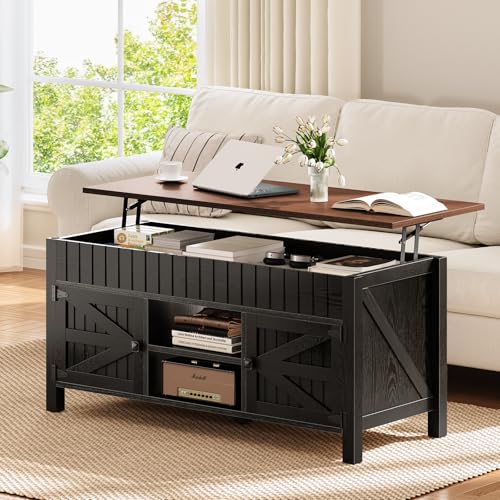 47.3" Lift Top Coffee Table with Storage - Black Coffee Tables for Living Room, Farmhouse Wood Center Table, Large Rectangle Middle Tables with Hidden Compartment & Adjustable Shelf - color: Black