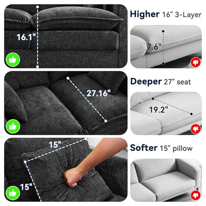 3 Seater Couch & Loveseat Sofa 2 Piece Set, Small 50" Love Seat & 69" Cloud 3 Seat Couch Sofa Set Washable Chenille Pillow Living Room Set for Apartment Office 50-Black-3+2 - color: Black, size: 50"+69"