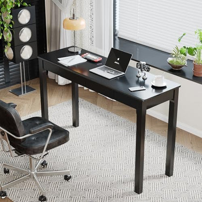 100% Solid Wooden Desk with Drawers - 47 x 16 Inch Modern Narrow Desks, Rubber Wood Study Table, Small Writing Desk for Small Spaces|Bedroom - Black Desks - color: Black, size: 47.2 in W x 15.7 in D