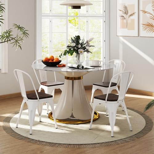 COSTWAY Stackable Metal Dining Chairs Set of 4 with Wood Seat and High Back | White, Industrial Vintage Style, Elm Wood Seat Board, 18 Inch, for Dining Room, Kitchen, Bar, Cafe, Bistro, Restaurant - color: White and Brown