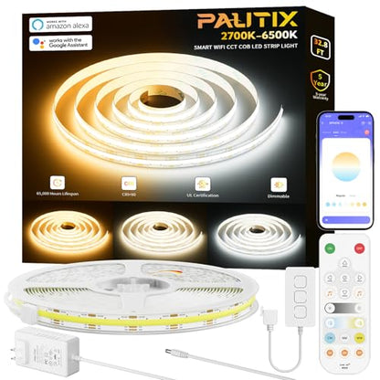 PAUTIX CCT COB LED 스트립 라이트 화이트 조정 가능한 6400LED, CRI90+ 32.8피트/10m 조도 조절 가능 2700K-6500K 24V LED 테이프 조명 키트, 알렉사/구글 어시스턴트와 함께 작동, 캐비닛 아래 침실 주방 DIY 조명용 - size: 32.8ft(Work with Alexa)
