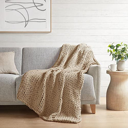 Madison Park Chunky Double Knit All Season Throw Blanket, 50 x 60, Tan | Ultra Soft, Acrylic, Cozy Warmth for Sofa or Bed, Lightweight, Boho, OEKO-TEX Certified - color: Tan