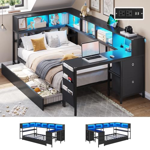 DICTAC Corner Twin Bed Frame with Desk,Charging Station and Bookcase Storage Twin Size Daybed for Kids/Teen with Storage Drawers,Led Lights and Shelves Twin Size Platform Bed Frame with Desk,Black - color: Black, size: Twin