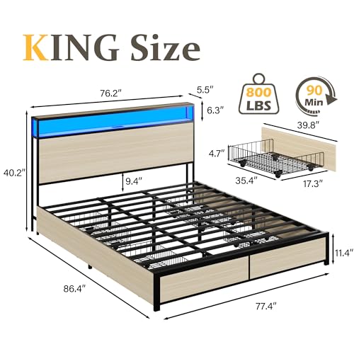 Lifezone King Bed Frame with 2-Tier Storage Headboard, Metal Platform Bed Frame with 4 Storage Drawers, Built in Charging Station & LED, Noise-Free/Metal Support/No Box Spring Needed, Beige - color: Beige, size: King
