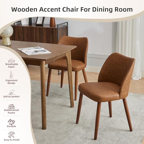GarveeHome Wooden Dining Chair Set of 4 Upholstered Leather Dining Chair | Kitchen Chairs with Thick Cushions, Wing Backrest for Dining Room, Living Room, Dark Grey, No tool assembly, No Wobble - color: Brown Pu