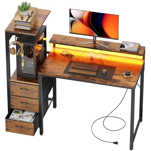 HLDIRECT 44 Inch Gaming Desk with Power Outlets & LED Lights, Rustic Brown | Reversible gaming computer desk with built-in monitor stand, 3 fabric drawers & 4 side hooks, 2 AC outlets & 3 USB ports - color: Rustic Brown, size: 44 inch