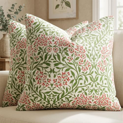 GIGIZAZA Decorative Velvet Pillow Covers 18x18 Green Floral Pack of 2 | Throw Pillows for Couch Sofa,Vintage William Morris Pattern,280gsm Thick Soft Fabric,Modern Bed Living Room Decoration - color: Green Vine, size: 18" x 18" (Pack of 2)