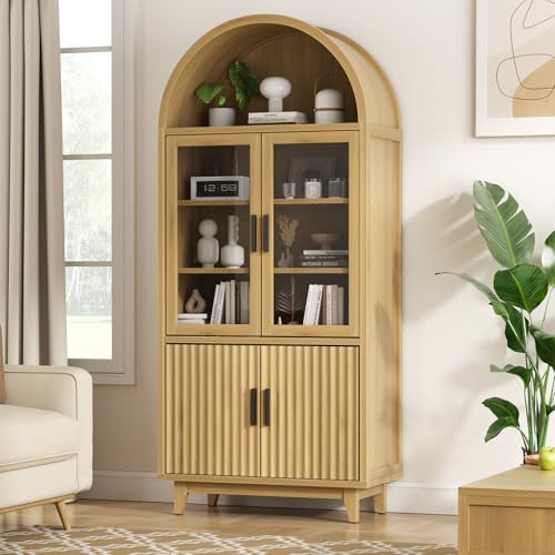 Arched Cabinet with Glass Doors, Fluted Pantry Cabinet with Solid Wood Legs | Storage Cabinet with Adjustable Shelves, 71" Tall Modern Accent Cabinet for Living Room, Kitchen, Dining Room, Natural - color: Wood Grain, size: Tall Arched - 15.7"D x 31.1"W x