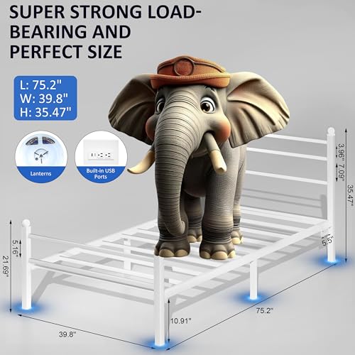 J.Fkne Twin Bed Frame with LED Lights & Charging Station, Metal Platform Bed with Headboard, Heavy Duty Metal Slats, No Box Spring Needed, Noise Free, Easy Assembly, White - size: Twin, style: Classic White