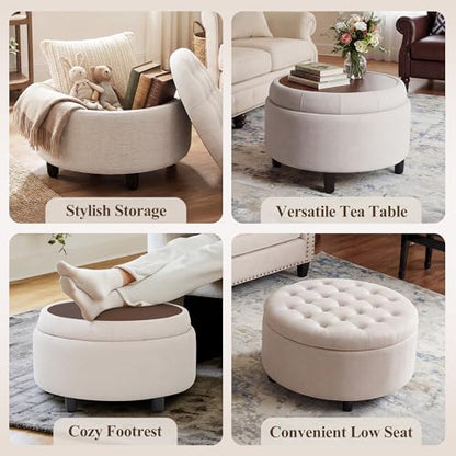 COLAMY Round Hidden Storage Ottoman with Reversible Tray Lid – Multi-Functional Footrest, Sturdy & Stylish Fabric Coffee Table for Living Room, Bedroom, or Entryway, Beige - color: Beige