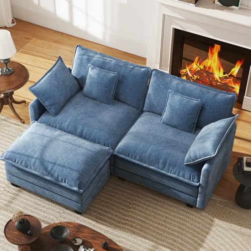 77" L Shape Cloud Sofa, Modular Sectional Couch with Ottoman, Comfy Chenille Deep Seat Loveseat with Pillow for Living Room Bedroom Apartment (Blue) - color: Blue, size: 77" L Sofa