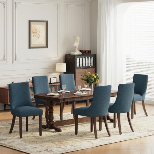 MALOL Wooden Dining Chairs Set of 6, Upholstered Kitchen & Dining Room Chairs with Solid Wood Legs Curved Backrest Farmhouse Accent Chair for Dining/Kitchen/Living Room, Blue - color: Blue, size: Set of 6