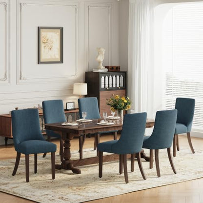 MALOL Wooden Dining Chairs Set of 6, Upholstered Kitchen & Dining Room Chairs with Solid Wood Legs Curved Backrest Farmhouse Accent Chair for Dining/Kitchen/Living Room, Blue - color: Blue, size: Set of 6